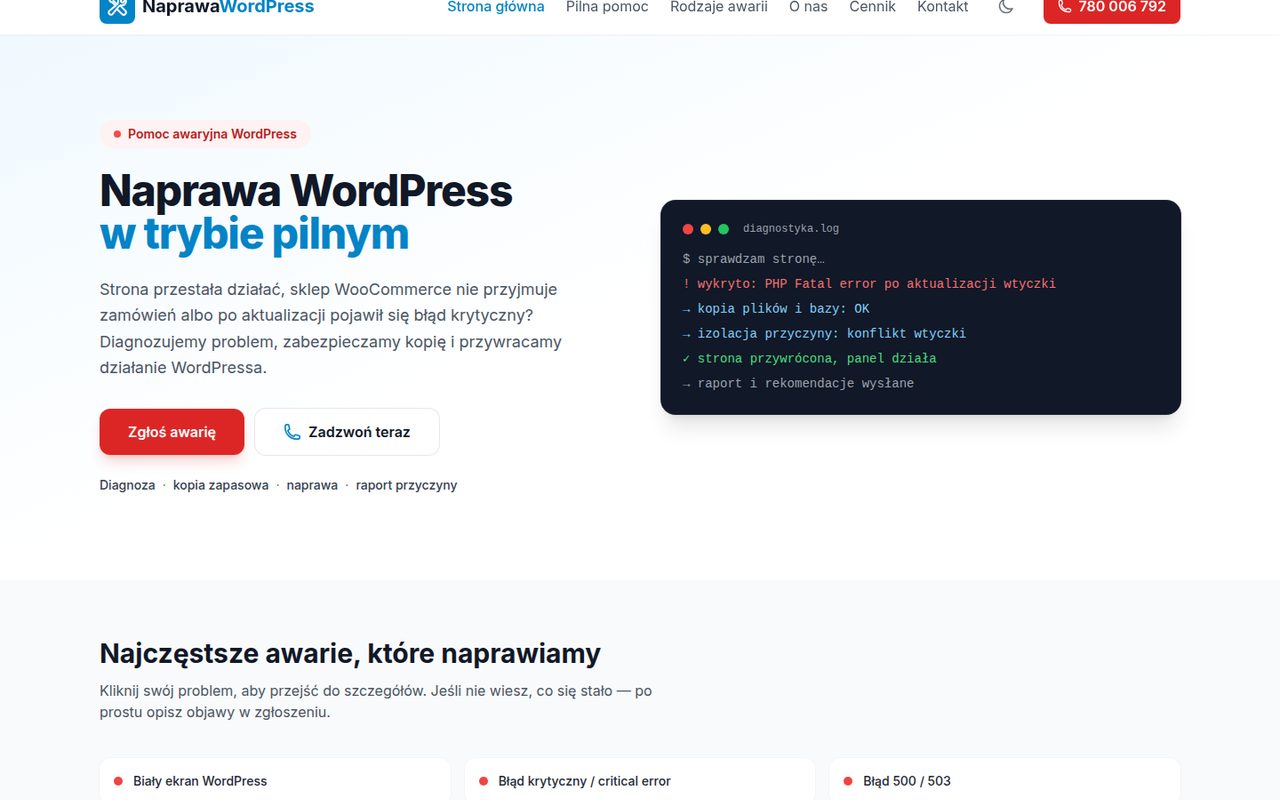 Przykładowy przebieg diagnozy awarii WordPress